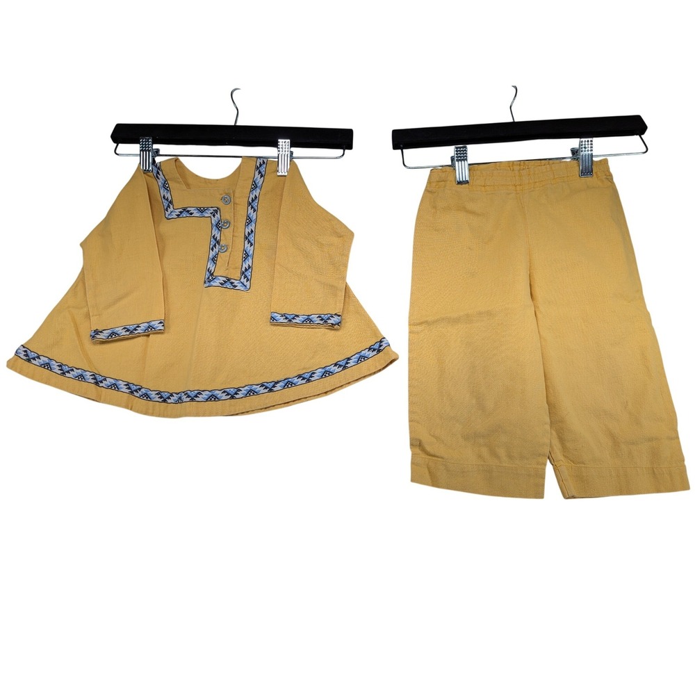 Vintage Style Yellow Artisan Baby Outfit Set‎ Geometric Trim 12 Months